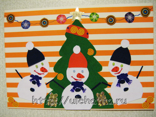 Детская новогодняя открытка 2014 со снеговиками своими руками